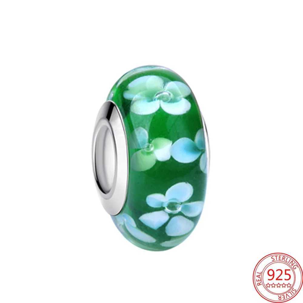 Sterling Silver 925 Green Collection Flower Murano Glass Charm Fit Bracelet Women DIY Jewelry XJ250607