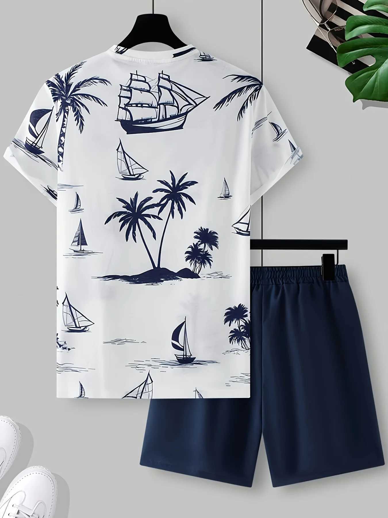 Summer Casual Daily Mens Short Sleeve Shorts Set Hawaiian Printed Mens T-Shirt Outdoor Sports W250609