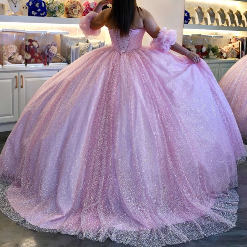 Pink Shiny Quinceanera Dresses Ball Gown Off The Shoulder Beads Tull Corset Sweet 16 Dress Vestidos 15 De Anos