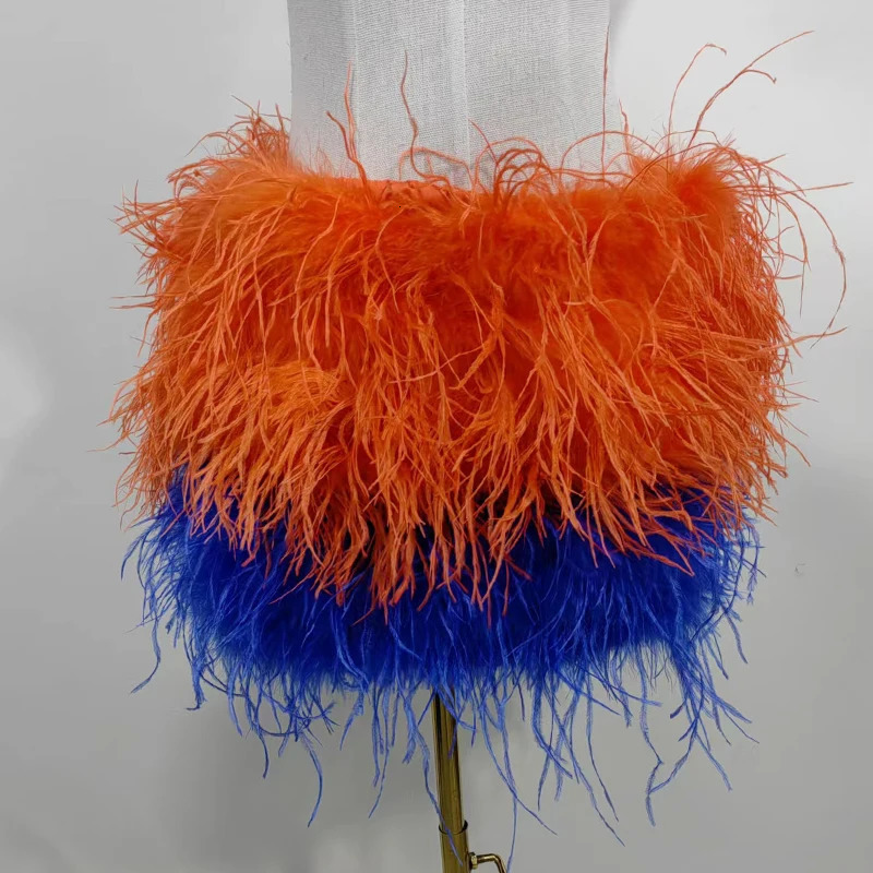 True ostrich feather Multicolor Mini Skirt Elastic Waist Sexy Clothing Club Party Dance Rave Short Note select 3 colors 250528