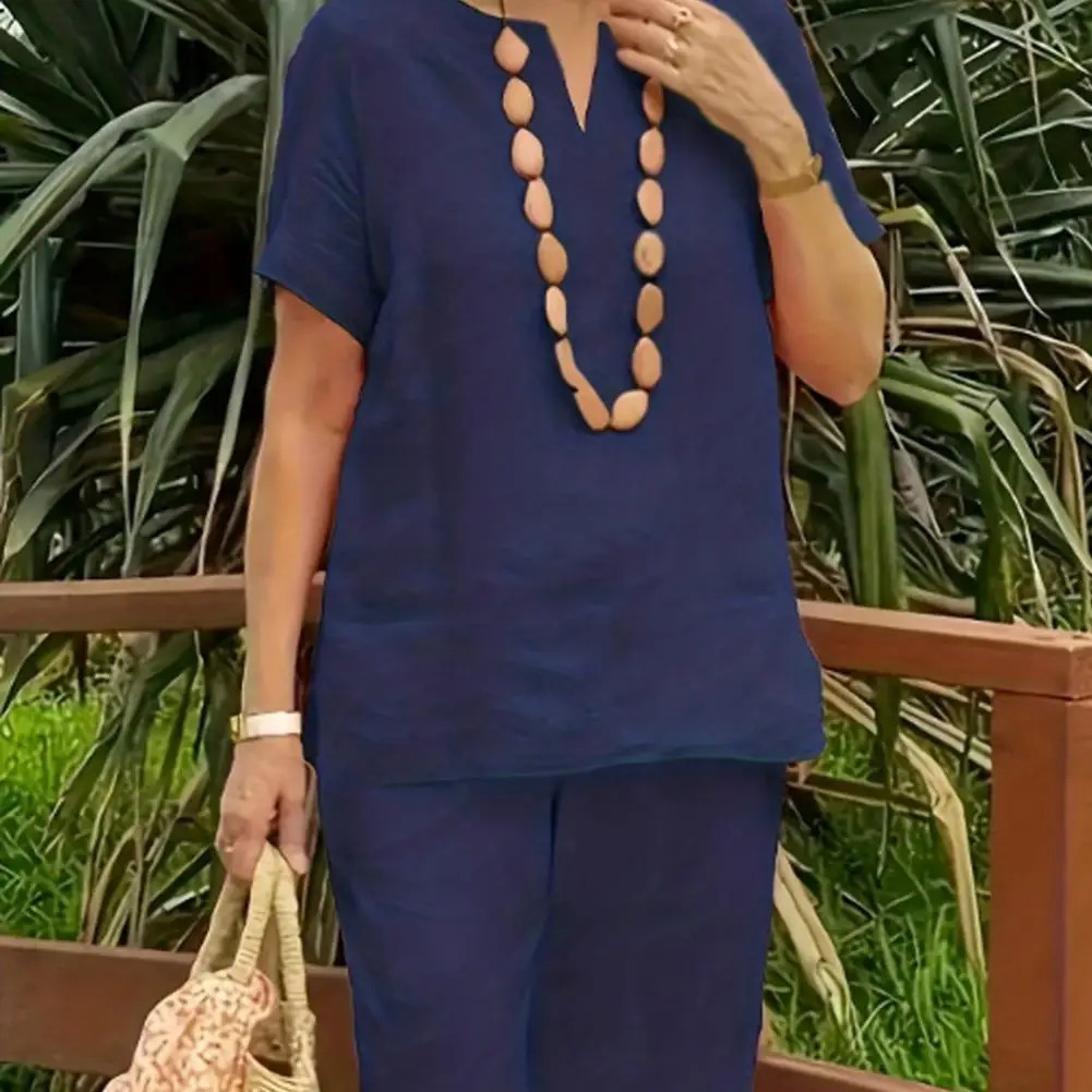 2Pcs Women Blouse Pants Set Solid Color Short Sleeve Loose Top Wide Leg Straight Pants Sets Casual Matching Tracksuit Outfit 250605