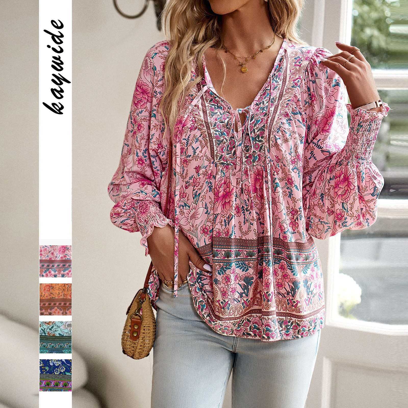 European and American cross-border 2025 Spring/Summer New Bohemian resort style printed V-neck lace-up long-sleeved shirt for women Z250607