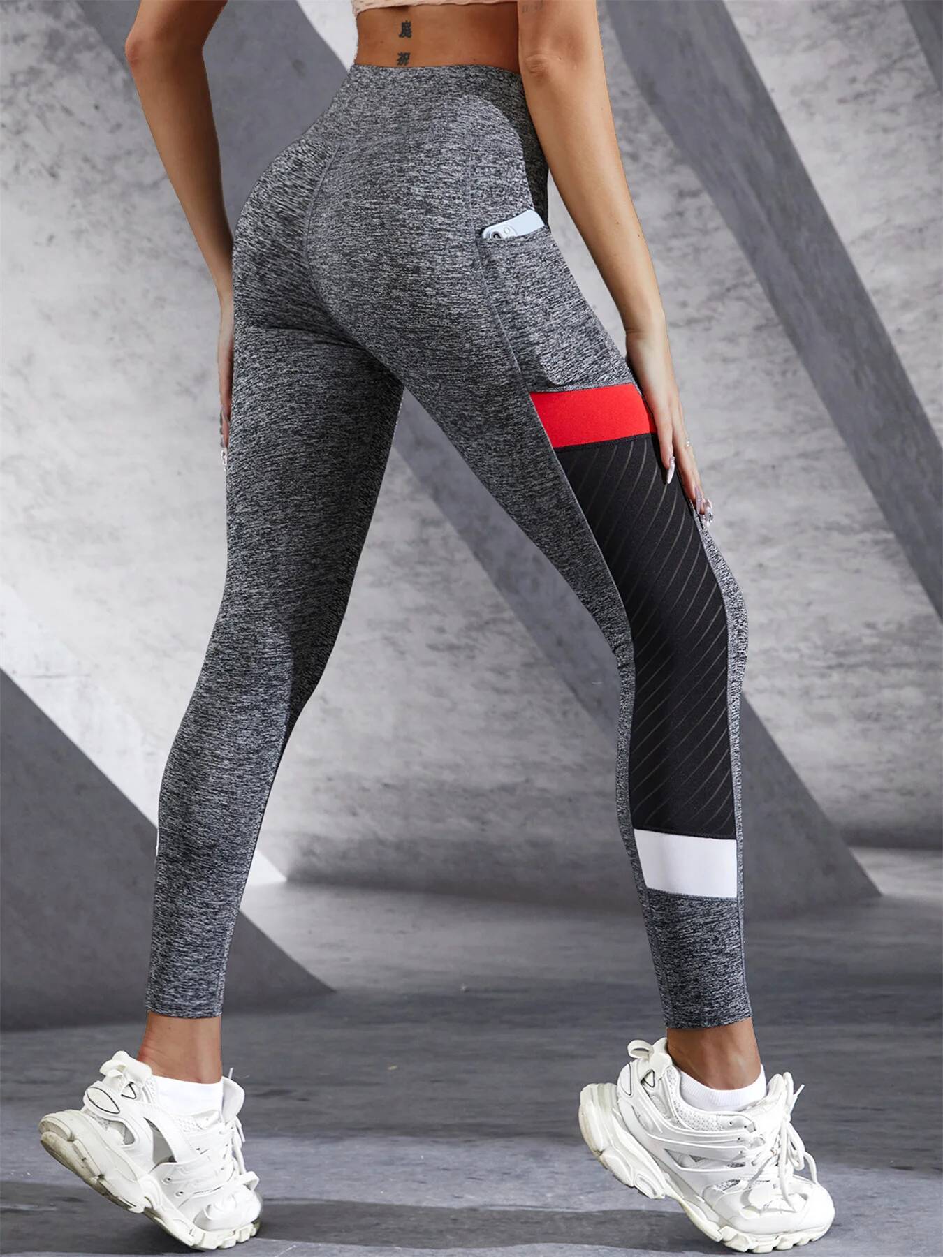 Colorblocked Mesh High Waist Yoga Pants with Side Pockets for Women Tummy Control Workout Shaping Leggings