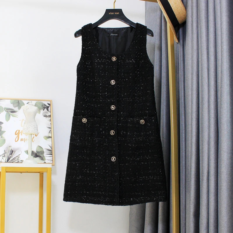 Womens Autumn Winter 5XL Black High Quality Tweed Fragrant Sleeveless Tank Top Dress Party Vestidos 250603