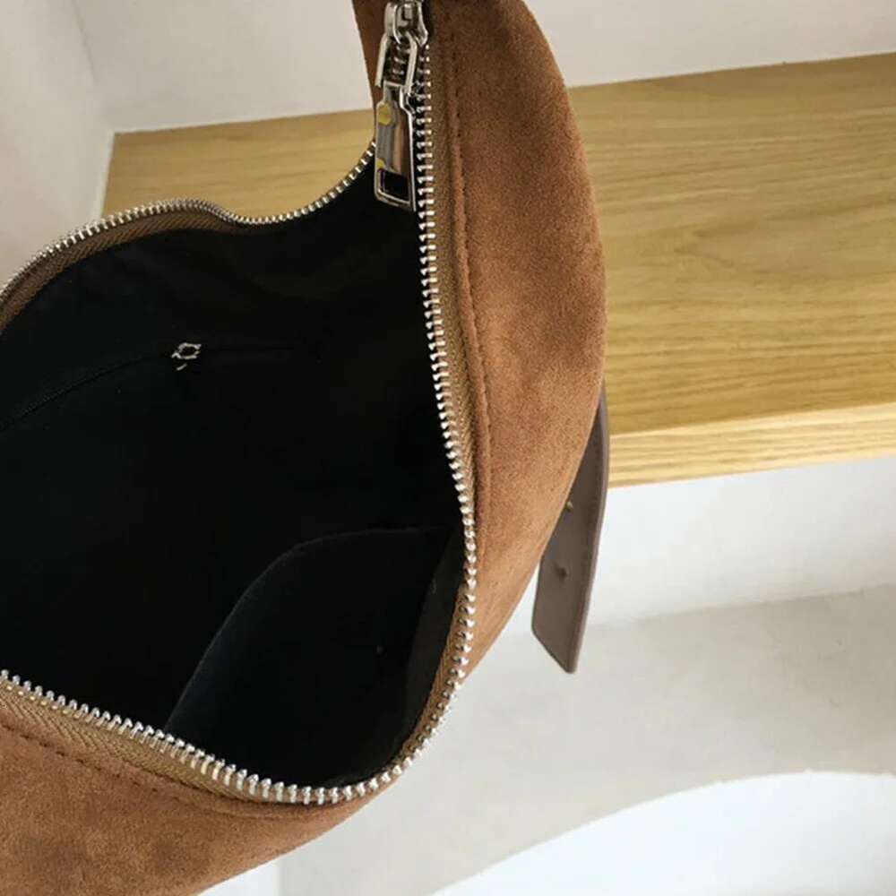 Women Suede Crescent Zipper Closure Underarm Bag Solid Retro Handbag Clutch Purse for Work Travel