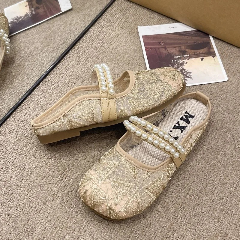 Chinese Style Baitou Half Drag Women Slippers with Pearl Flat Outside Slippers for Women 2025 Sweet Summer Female Shoes 250603