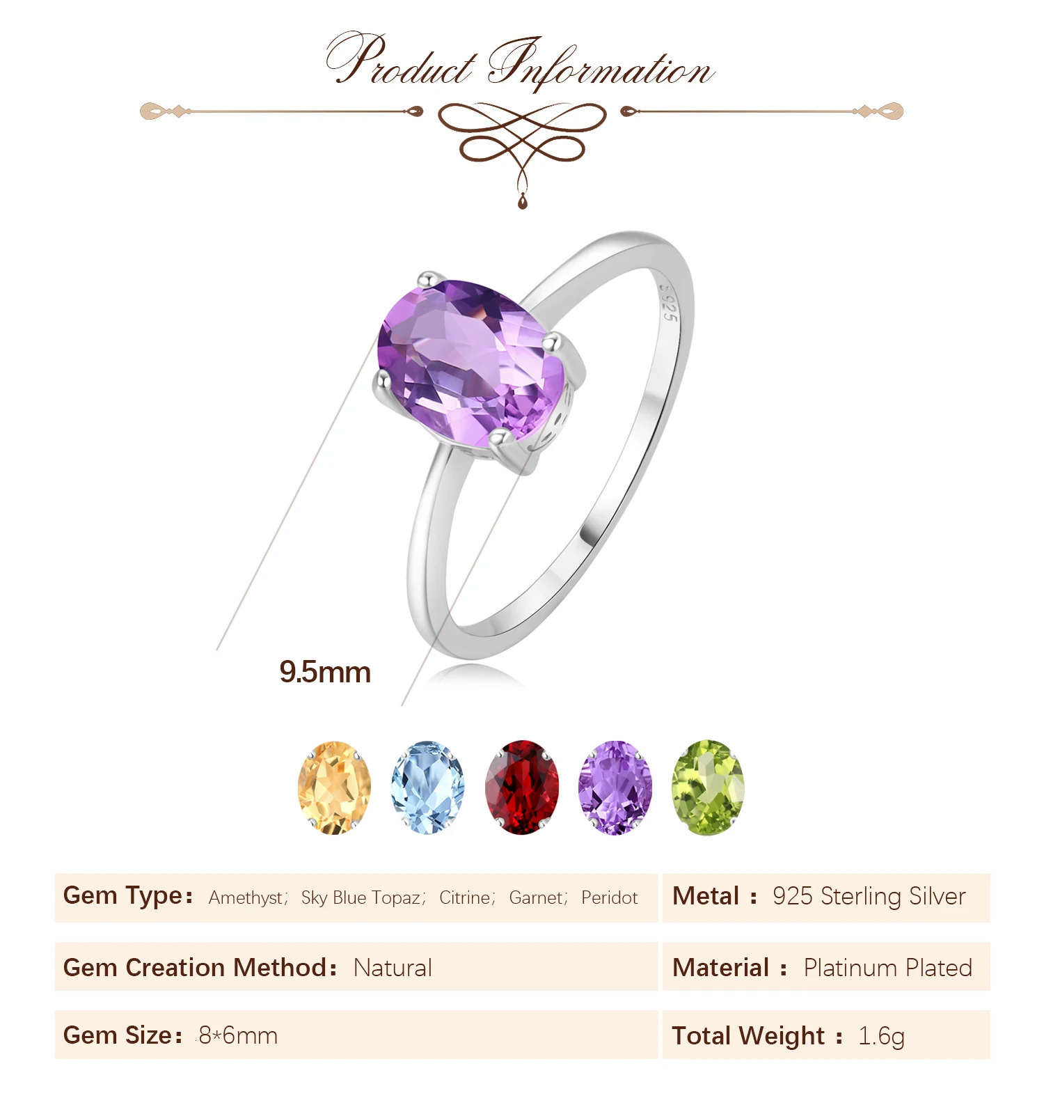 Potiy Natural 1.45ct Garnet Citrine Amethyst Peridot Sky Blue Topaz Birthstone Solitaire Ring 925 Sterling Silver Women Daily 250604