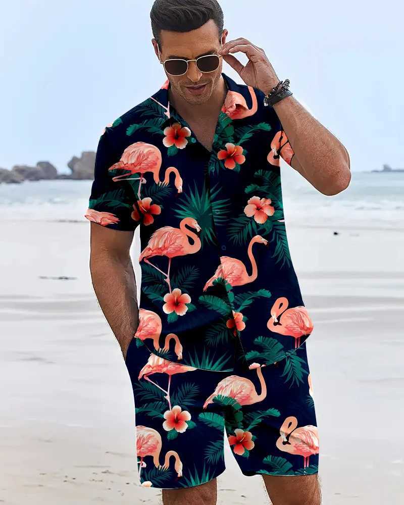 New Summer Flamingo Print Mens Short Sleeve Shirt Hawaii Mens Sports Shorts Summer y2k Mens Casual Shirt and Beach Shorts Set W250609