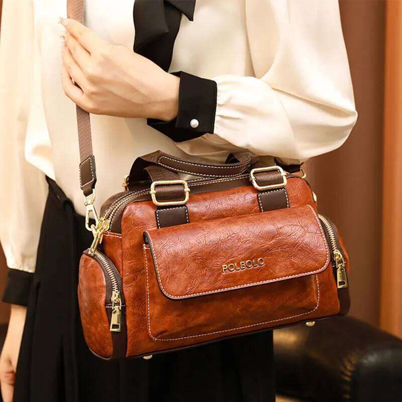 Vintage Women's 2025 New PU Leather Shoulder Bag Women Boston Handbags Retro Large Capacity Female Crossbody Bags