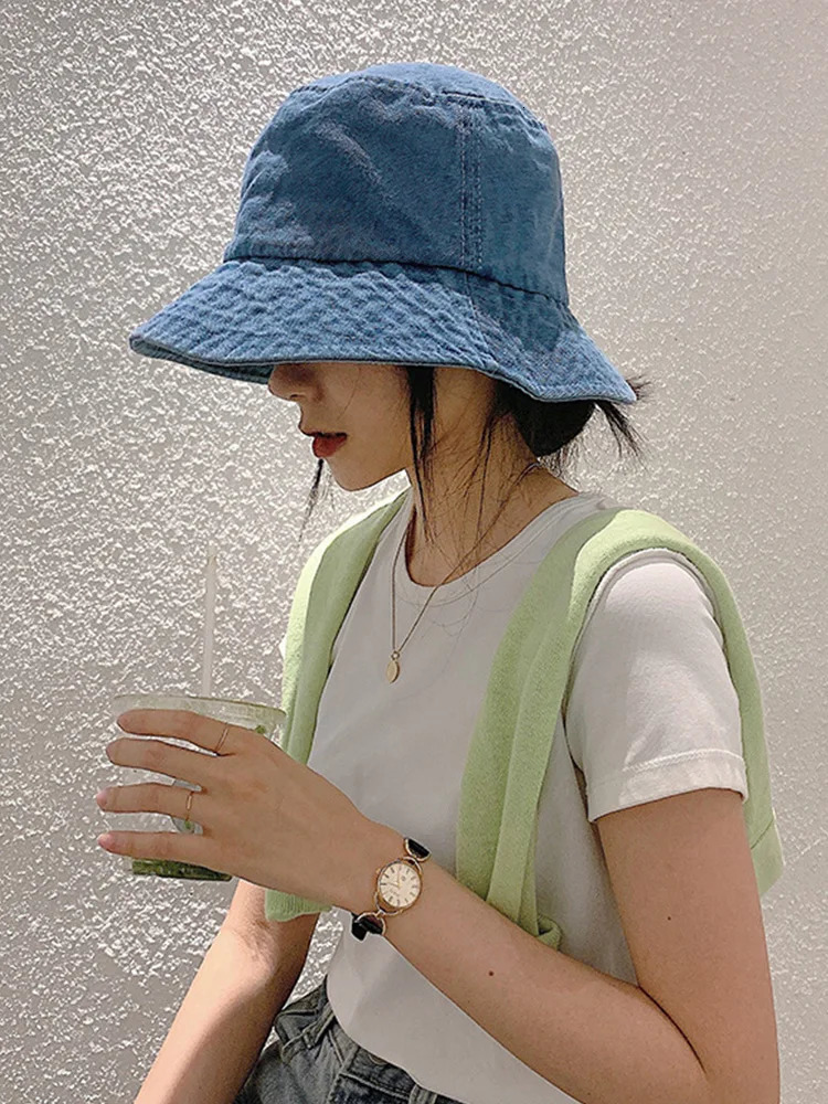 Retro Washed Cowboy Bucket Hat Women Men Wide Brim Sunhat Spring Summer Solid Color Denim Panama Fisherman Cap 250605