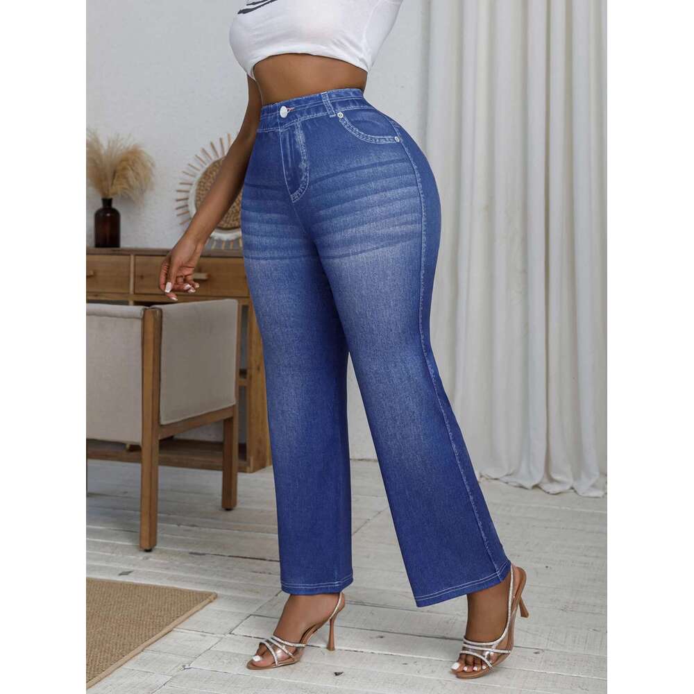 Plus Size Women's Loose Wide-leg Imitation Denim Print Fashion High Elastic Casual Comfortable Retro Straight Pants