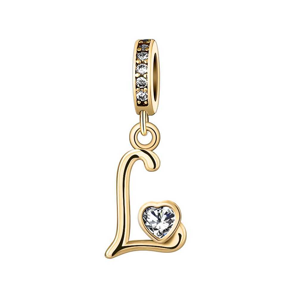 NEW Fine Bead 26 Letter Gold Heart Pendant Charm For Original European 925 Sterling Silver Bracelet Necklace For Women Jewelry XJ250607