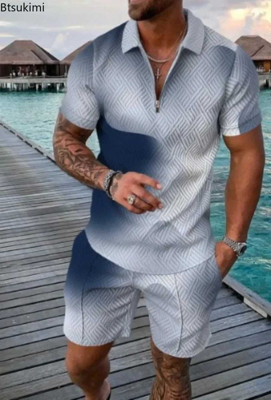 2025 Mens Summer 3D Print Polo Shirt Sets Casual Turn Down Collar Tracksuit Sets Man Beach Style Outfits Streetwear Sets Male W250609