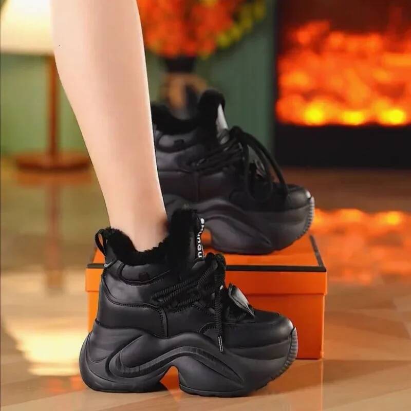 Ddmyoutdoor Winter Women S Warm Increase Height Prevent Slipping Outdoor Snow Boots Comfortable Plush New High Top Lace Up Sneakers Outdoor Shoes