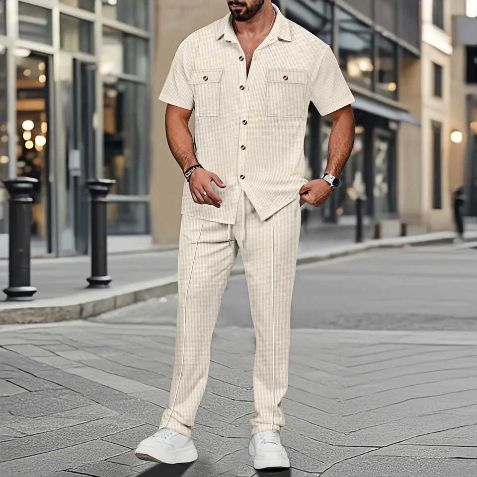 Mens Casual Suit Short-Sleeved Waffle Check Shirt with Pocket Comfortable Solid Color Spring Summer Fashion Two-Piece Set W250609