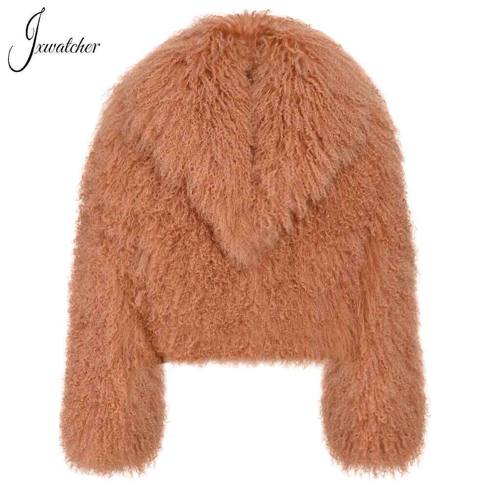 Jxwatcher Mongolian Women Big Turn-Down Collar Short Real Fur Coat Winter Ladies Fashion Warm Fluffy Jacket Female Fall