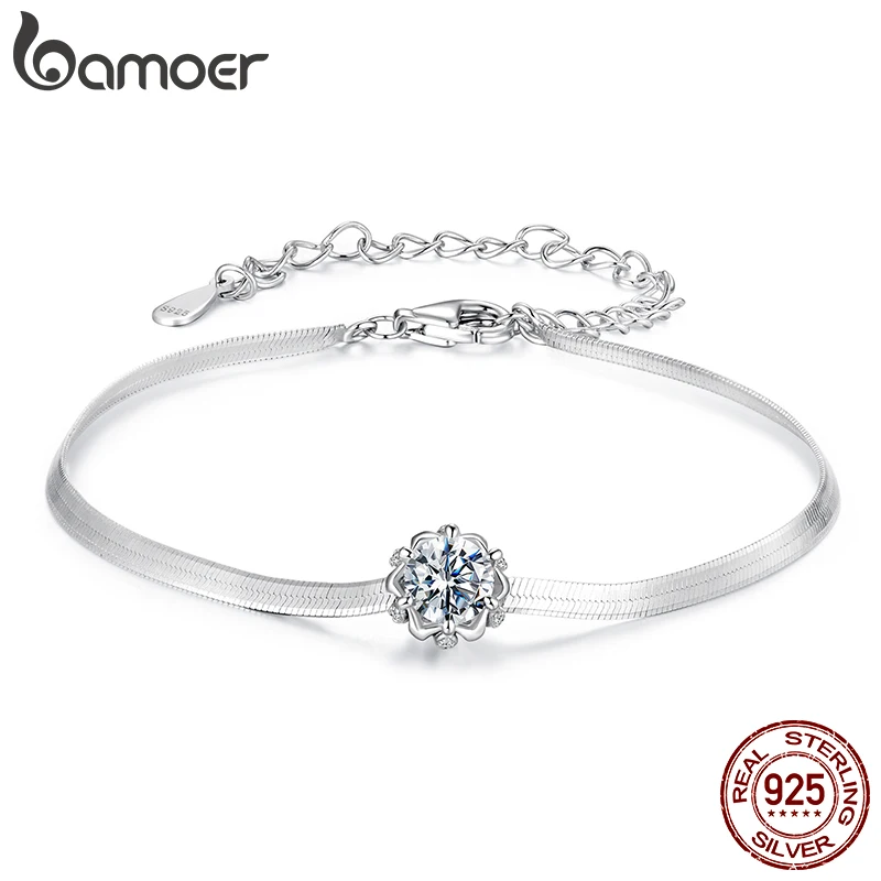 BAMOER Diamon925 Sterling Silver 0.5CT Flower Buds Moissanite Bracelet Prong Setting Adjustable Snake Chain for Women Anniversary Gift MSB027