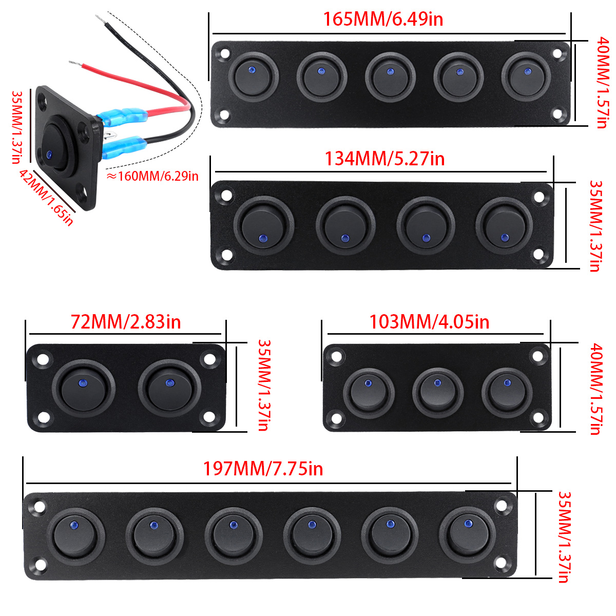 Rocker Toggle Switch Panel with 12V DC Round Dot Lighted 20A 3 Pins ON/Off SPST Switch Control for Car Or Boat Blue LED Light