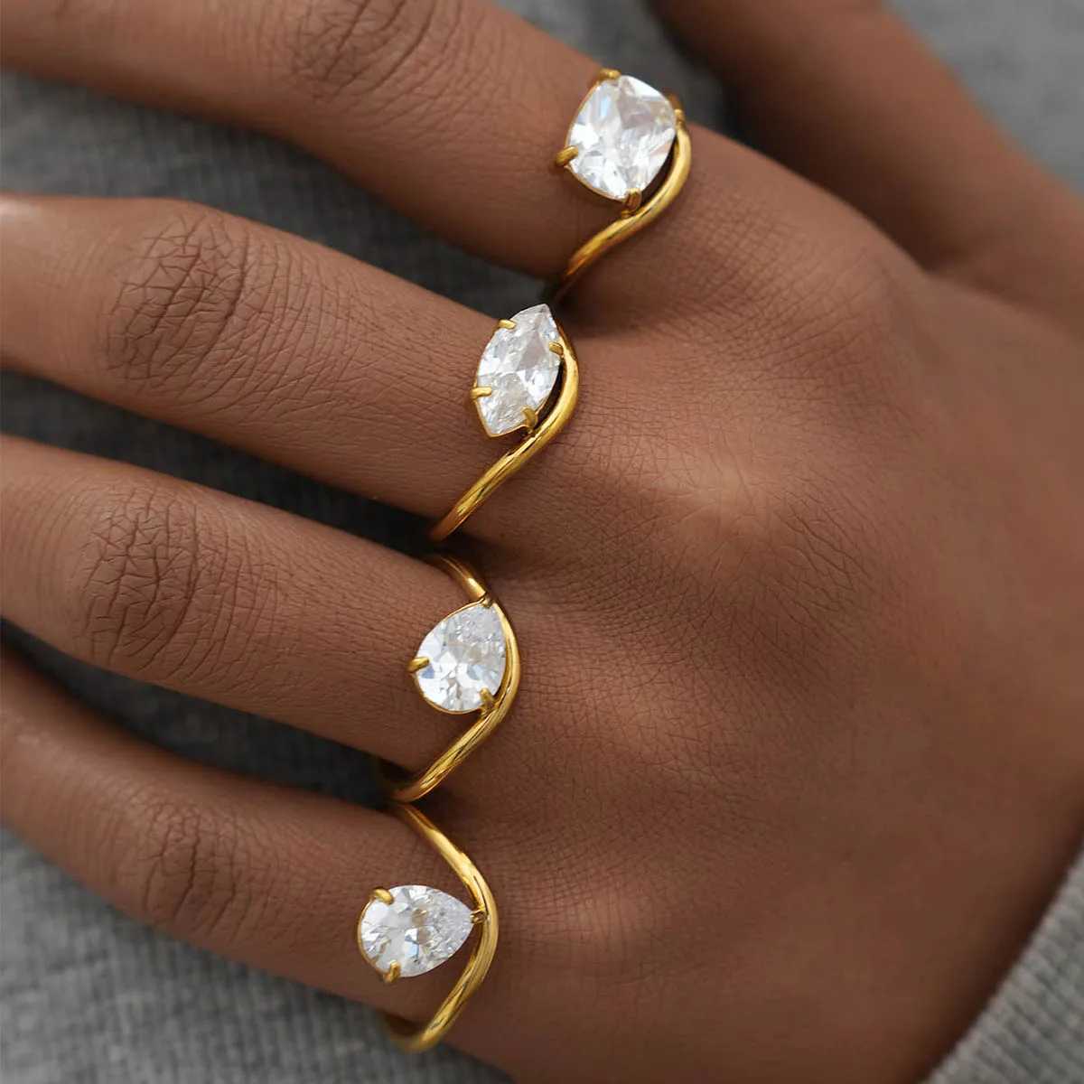 Luxury Shiny AAA Cubic Zirconia Stainless Steel Geometric Rings Waterproof High Quality Textured Jewelry Accessories for Women XJ250606