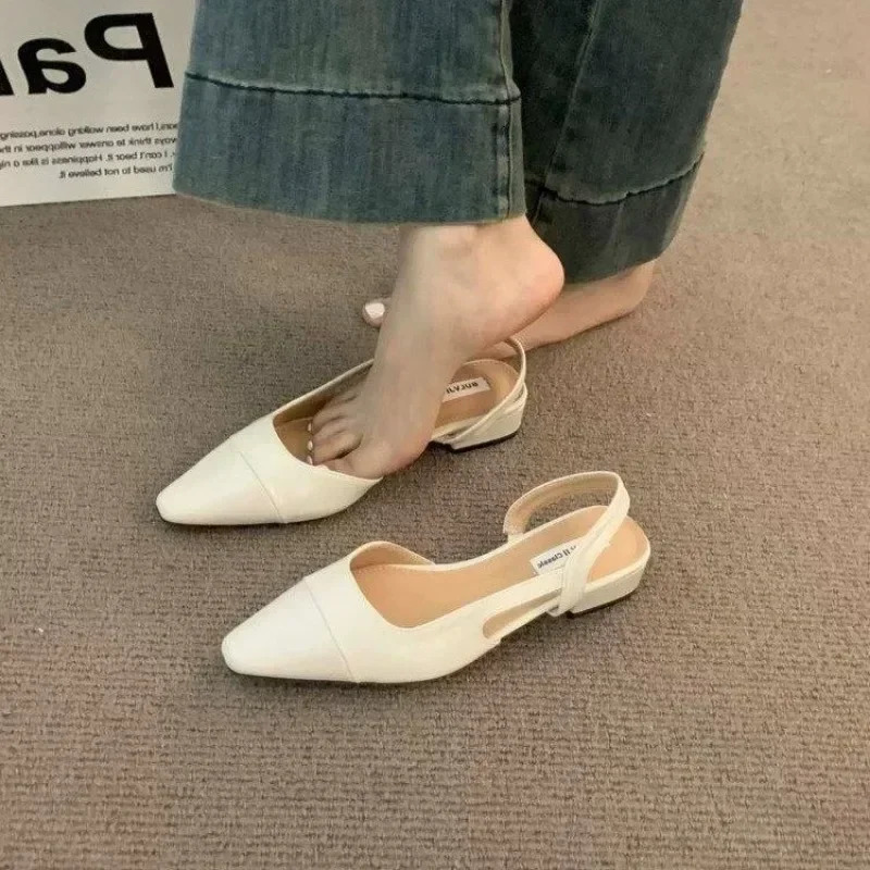 24Low Heel Baotou Sandals Womens French Nude Color Pointed Small Fragrant Style Ladies Thick Heels Back Air Style Single Shoes 250605