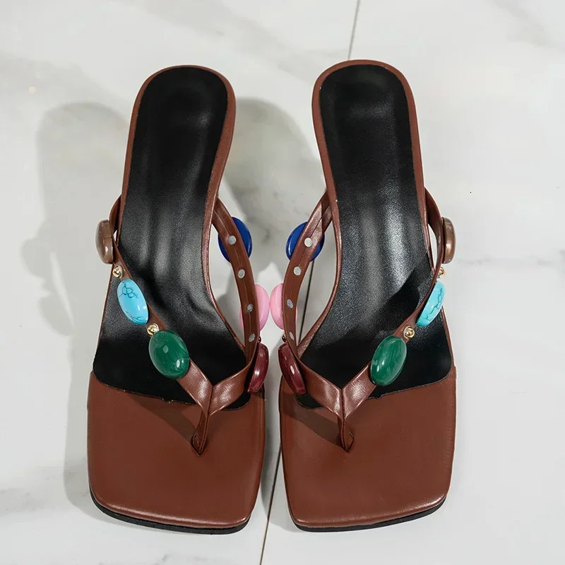 Large Jewel Decor High Heels Sandals for Women Fashion Party Square Toe Flip-Flops Brown Strange Heeled Party Shoes 250605