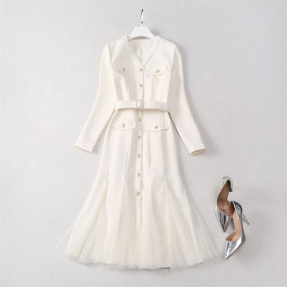 Autumn Winter Single Breasted Beading Tulle Tweed Dress For Women Long Sleeve Prom Evening Fishtail Midi Dresses Party Mermaid 250603