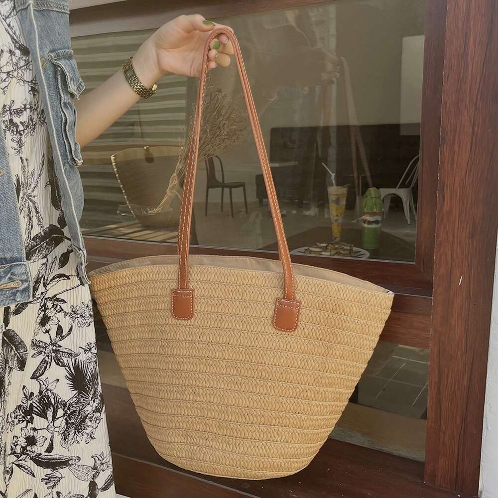 Straw Beach Tote Straw For Women Large Capacity Summer Vacation Beach Bucket Bag Mori Girl Literary Tote Woven Bag Straw Large Tote
