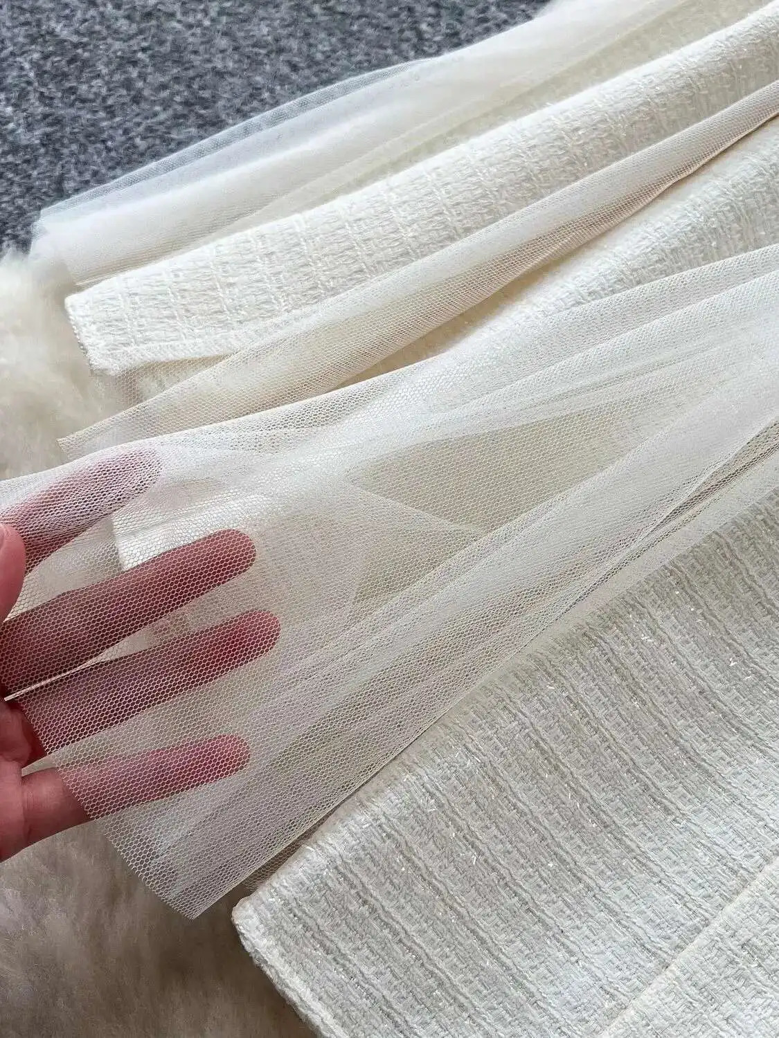 Autumn Vintage Long Sleeve Mesh Tulle Tweed Woolen Midi Dresses Womens Pearls Golden Single Breasted Diamonds Belt Clothing 250603