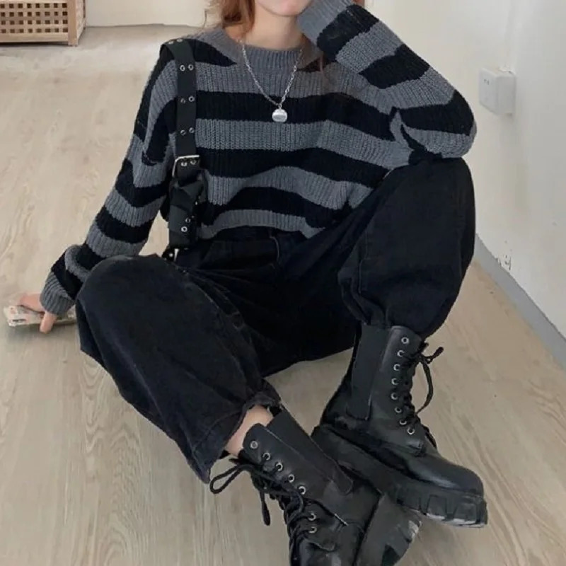 Korean Style Striped Cropped Sweater Women Vintage Oversize Knit Jumper Female Autumn Long Sleeve Oneck Pullovers Tops 250530