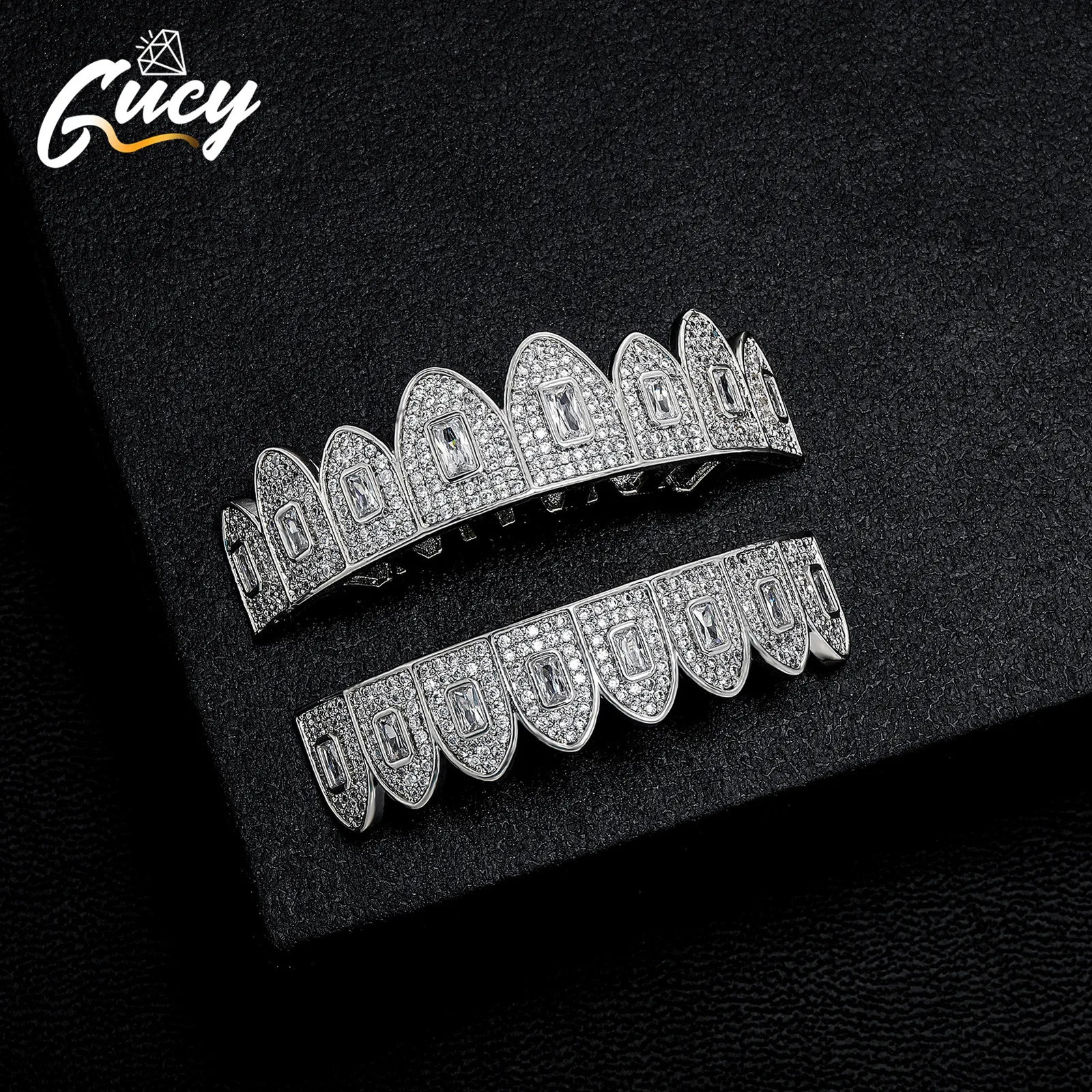 GUCY Hip Hop Micro Teeth Grillz For Men Iced Out Cubic Zircon Top Bottom Tooth Cap Cover Cosplay Jewelry 250606