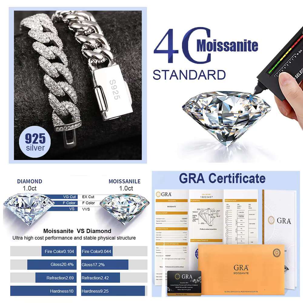 10mm High-End Moissanite Diamond Necklaces S925 Silver Cuban Link Chain Choker for Women Pass Tester With Certificate