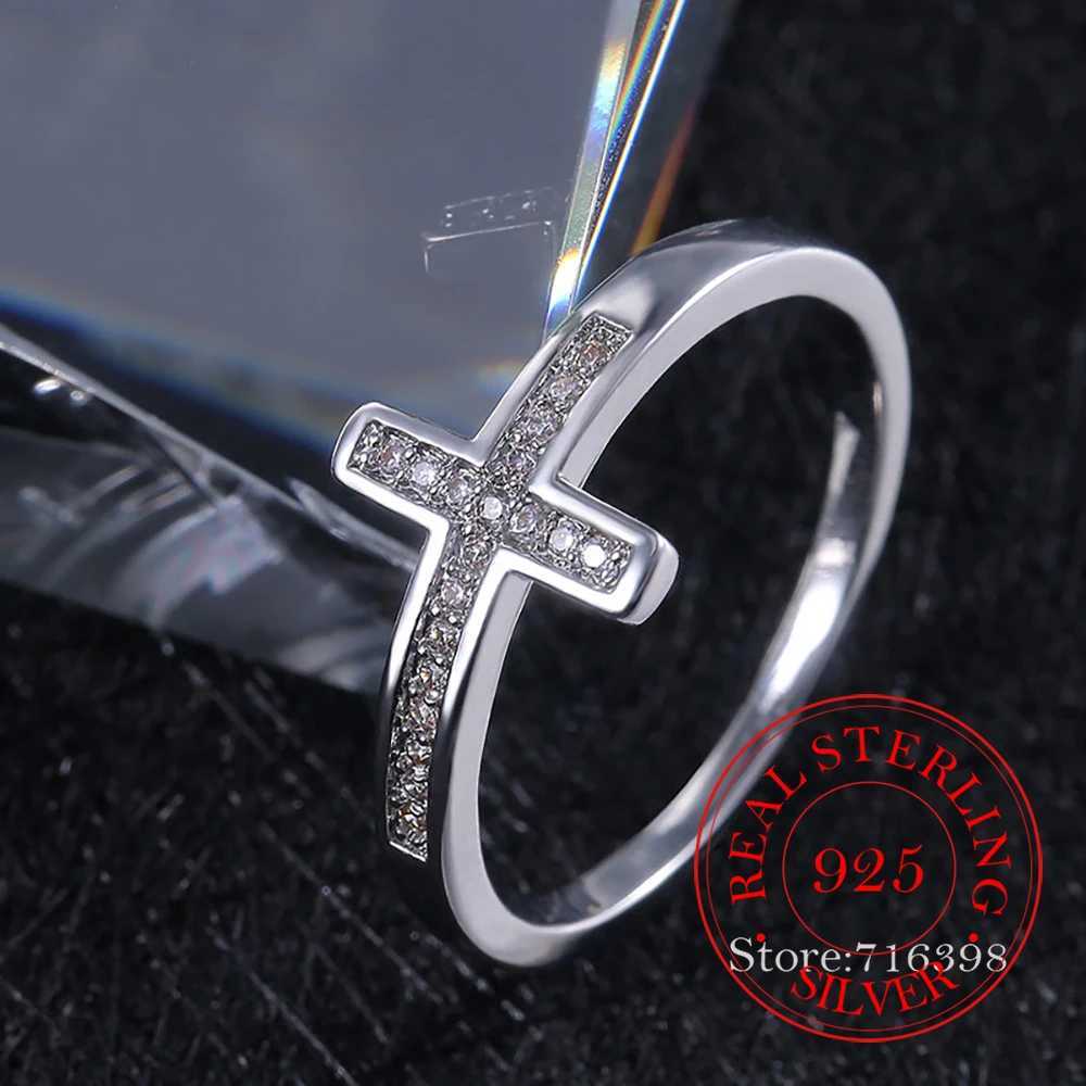 Original 925 Sterling Silver Cubic Zircon Cross Rings for Women Men Fashion Womens Jewelry Party Wedding anillos Gift XJ250606
