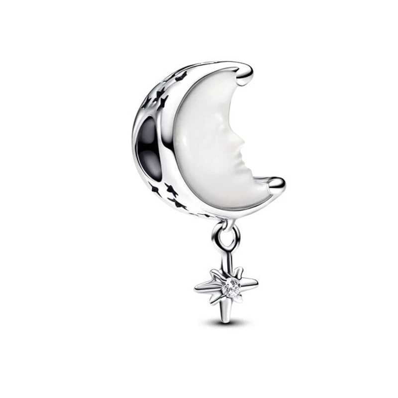 Fit Original 925 Sterling Silver Pan Bracelet Pav Asymmetric Star Crescent Moon Charm Galaxy Safety Chain Beads Jewelry Gift XJ250607