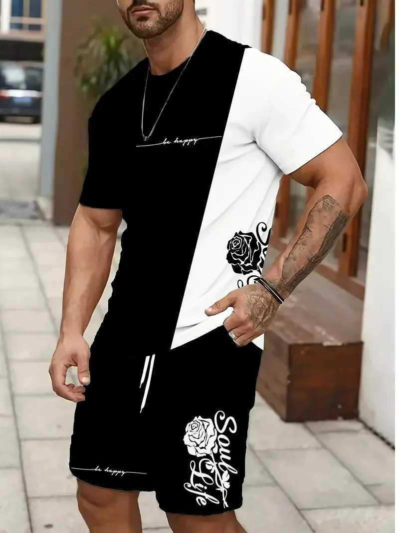 Retro Printed Mens T Shirt And Shorts Set Summer Trend Daily Urban Street Style Two Piece Round Neck Comfortable Outfit For Men W250609