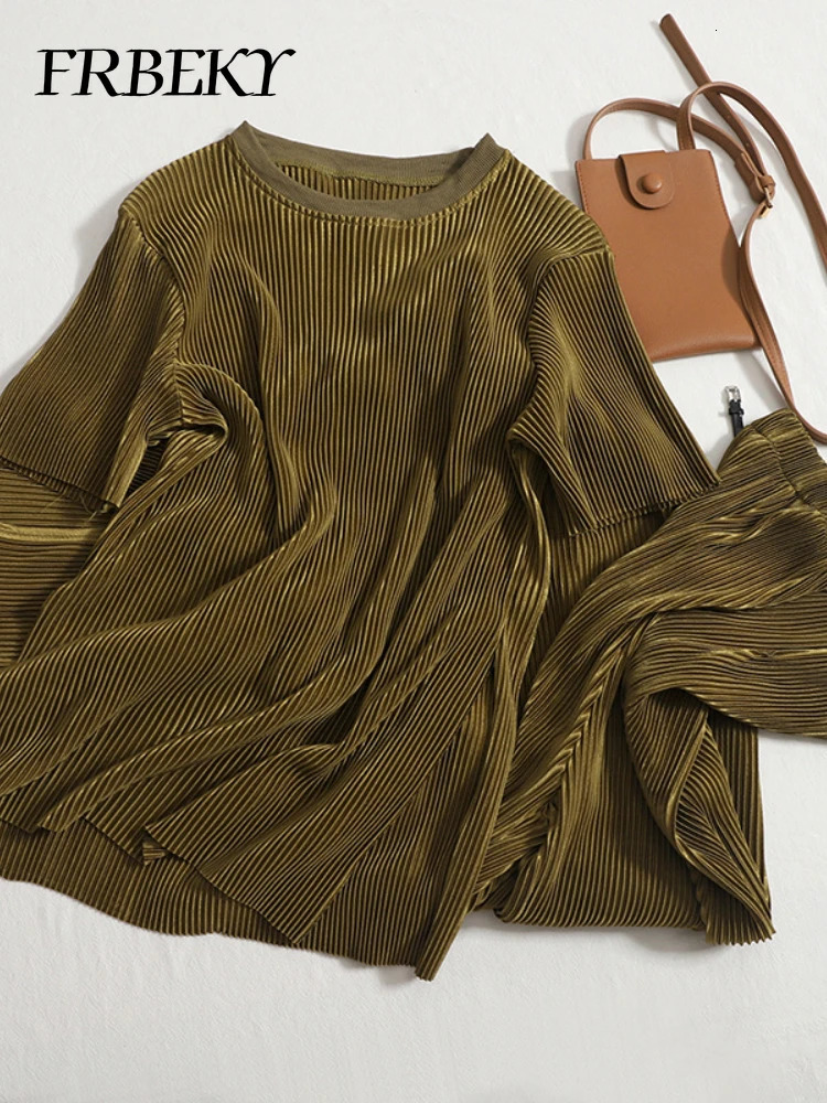 Pants Sets Summer Temperament Round Neck T-shirt Top High Waist Open Wide Leg Pants Two Piece Set for Women Elegant Suit 250605