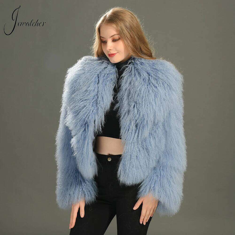 Jxwatcher Mongolian Women Big Turn-Down Collar Short Real Fur Coat Winter Ladies Fashion Warm Fluffy Jacket Female Fall