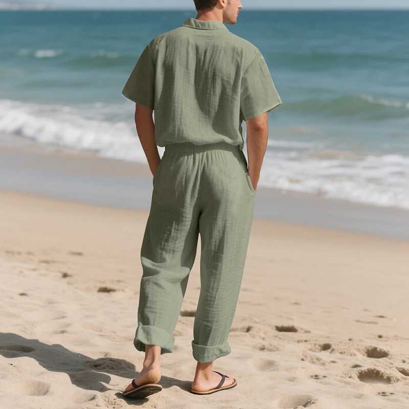 Summer New Casual Mens Linen Outfits Vacation Leisure Solid Color Two Piece Suits Men Fashion Short Sleeve Shirt And Pants Sets W250609