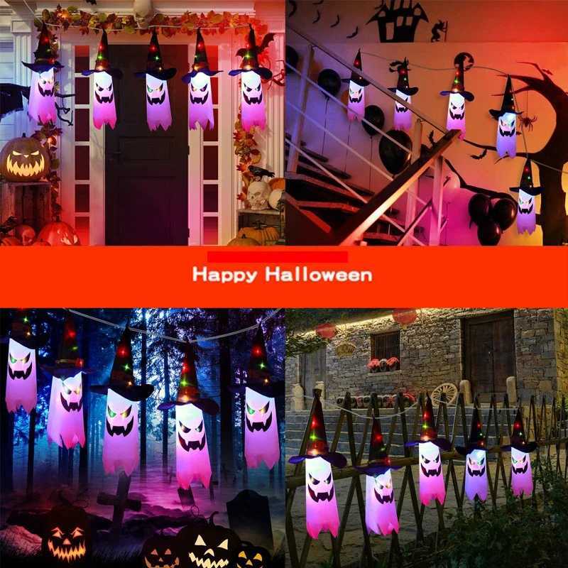 Pumpkin LED Halloween Decoration Flashing Light Gypsophila Ghost Festival Dress Up Glowing Ghost Hat Lamp Decor Hanging Lantern XJ250606