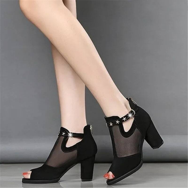 Ddmyoutdoor Breathable Mesh High Heels New Summer Women Fashion Metal Decoration Square Heel Sandals Zipper Female Shoes Outdoor