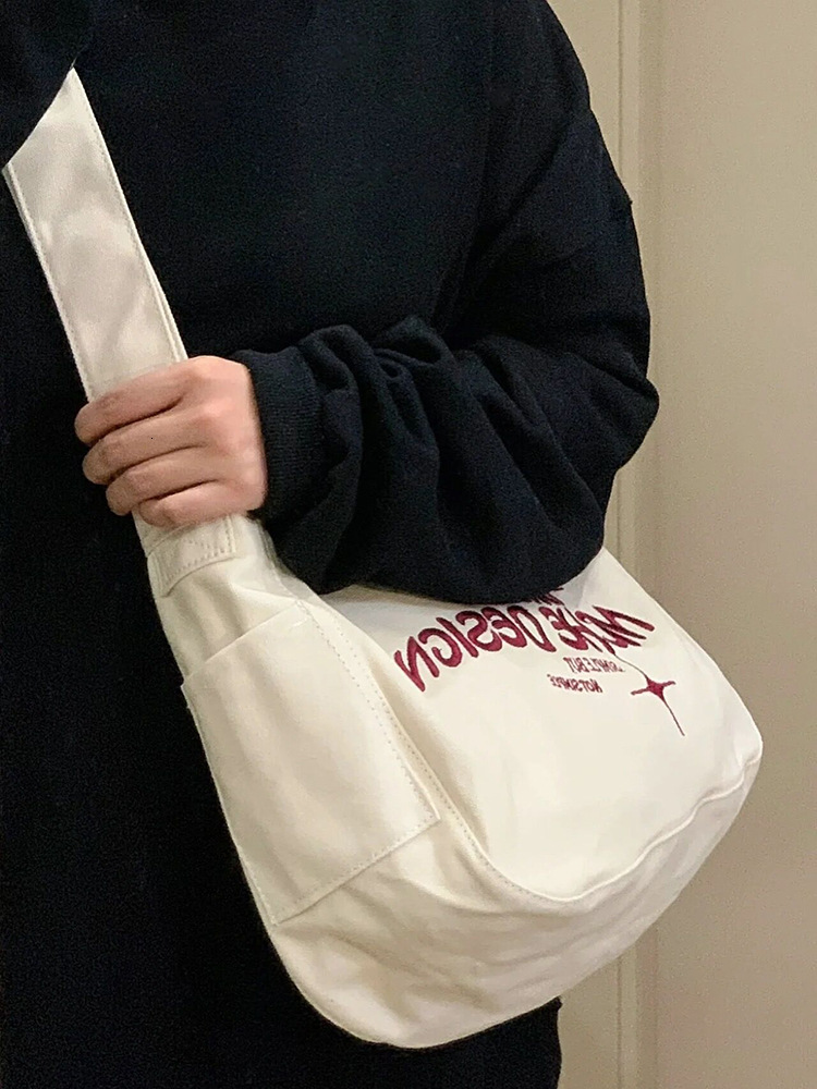 designer Japanese Style Canvas Bag for Female College Students, Ins Lazy Style, Large Capacity, Single Shoulder Crossbody, Niche Embroidered Tote Bag