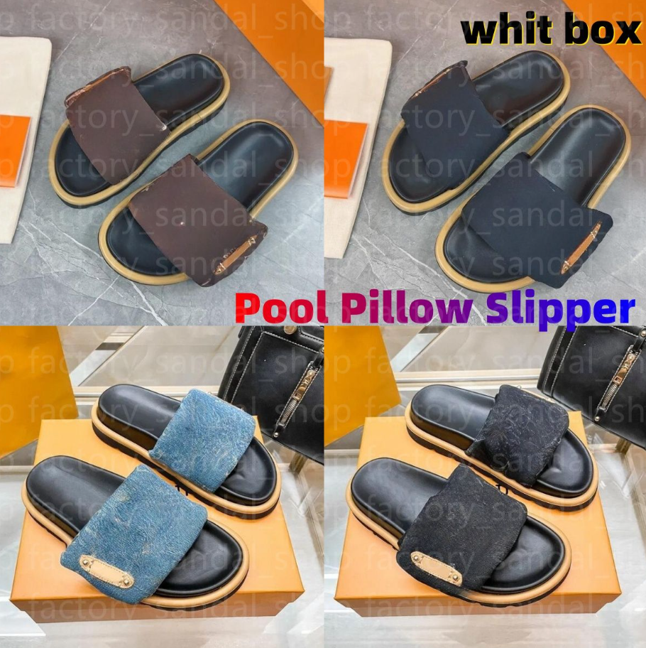 Designer Sliders Women Men pool pillow slippers Flat Comfort Mules Slides Fashion Classic Prints Embossed Summer Sandals Black Grey vintage Beach Shoes slippers
