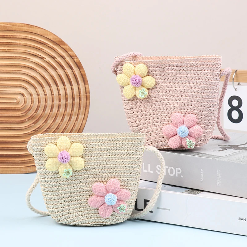 Cute Straw Shoulder Bags Girls Handmade Woven Crossbody Bag Kids Messenger Mini Coin Purse Beach Po Props 250605