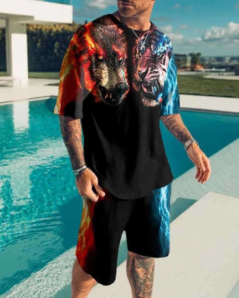 Summer New Mens Suit 3D Printing Geometric patterns Short Sleeve Shirt Shorts Suit Fashion Shirt Mens Two Piece Set Streetwear W250609