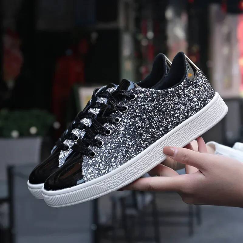Ddmyoutdoor Spring New Shiny Lace Up Sport Sneakers Large Sized Outdoor Running Walking Casual Sequin Shoes Outdoor Shoes