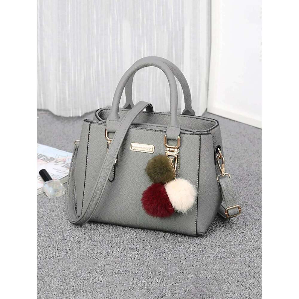 Waterproof,Lightweight,Business Casual Trendy Double Handle Satchel Bag, Pompom & Metal Decor Purse, Women's PU Crossbody Bag Pe
