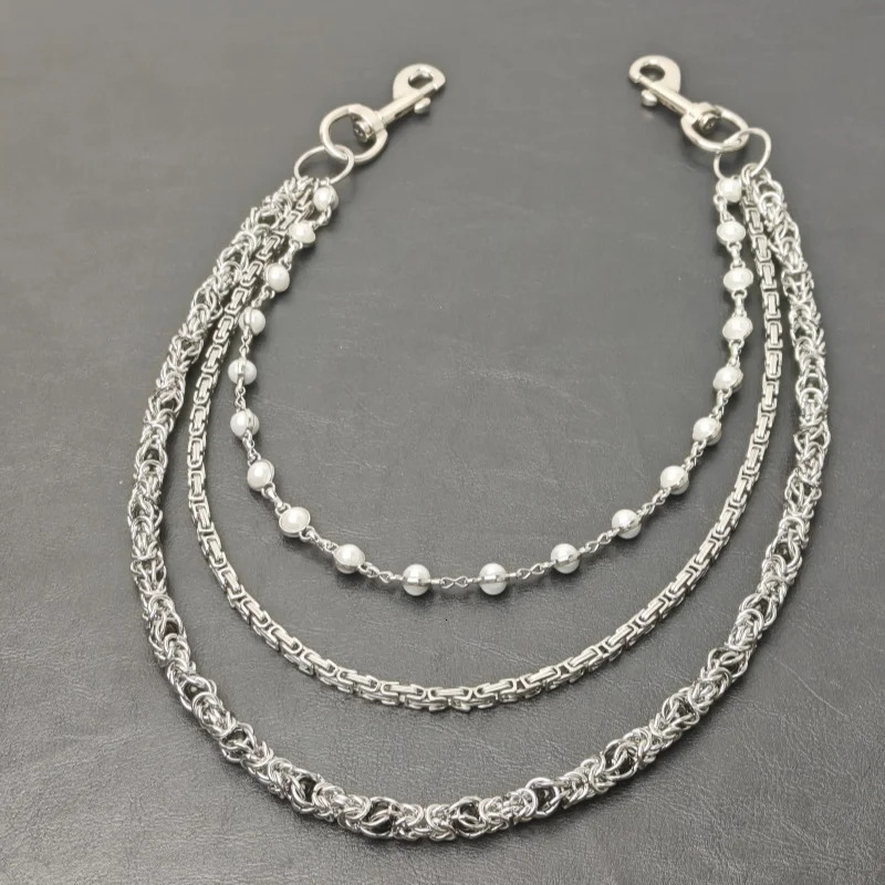 Retro sMonarch Keel Clamp Beads Pearl Pants Chain Three layers Fashion Accessories Hip Hop Punk Ones Waist Concise y2k KeyChain 250530