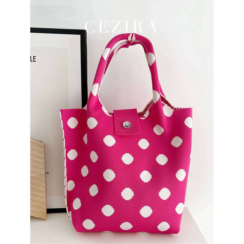 CEZIRA Polyester Knitting Handbags Contrast Color Dots Pattern Purse Women Top-Handle Bucket Bags Random Button Daily Travel