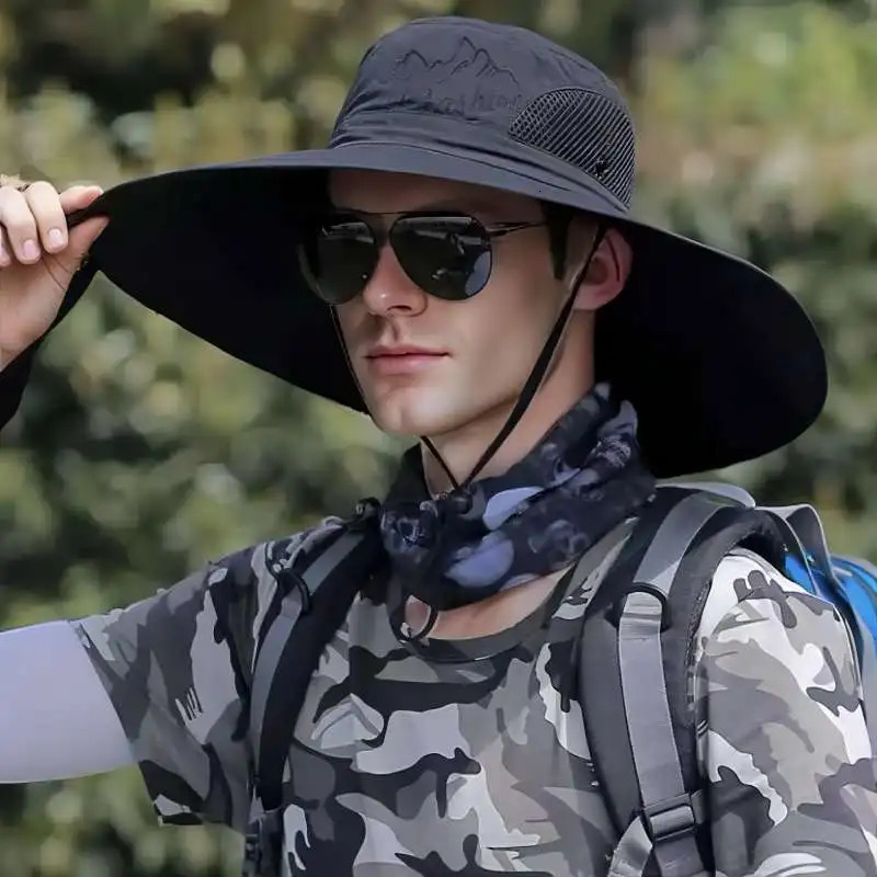 Large Brim Sun Hat for Men Women Breathable Fishing Caps UV ProtectionMesh Fisherman HatHikingOutdoor Beach Cap15cmSummer 250605