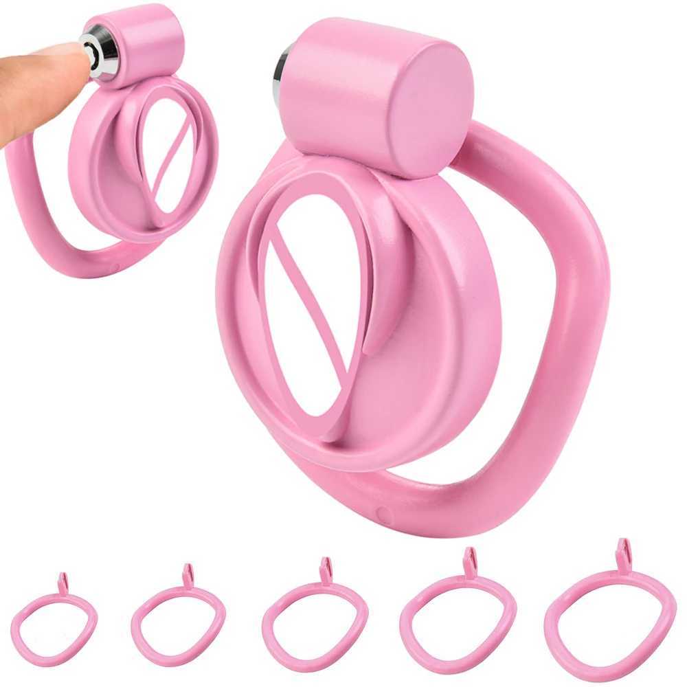 Pink Male Penis Chastity Cage Set Bird Chastity Cage Belt With 5 Size Rings Abstinence Lock Ring Lock Bondage Slave Man Sex Toy XJ250607