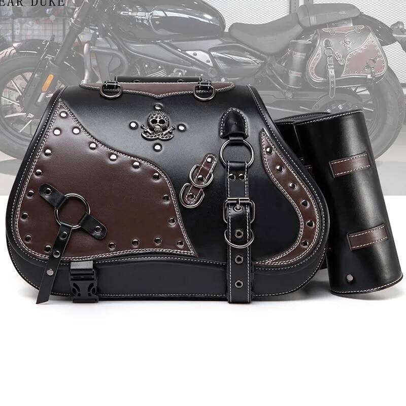 Saddle Bags with Cup Holder Retro Side Black Skull Hanging Bag for Harley Motorcycle